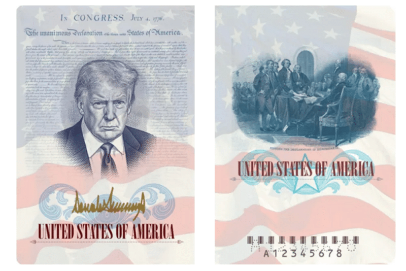 U.S. passport redesign with Trump portrait over Declaration of Independence text