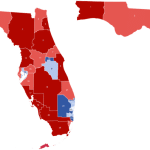 Side-by-side maps of Florida congressional districts overlaid on 2024 presidential vote results, comparing the 2022-2026 districts (left) with Governor Ron DeSantis's new mid-decade redraw (right).