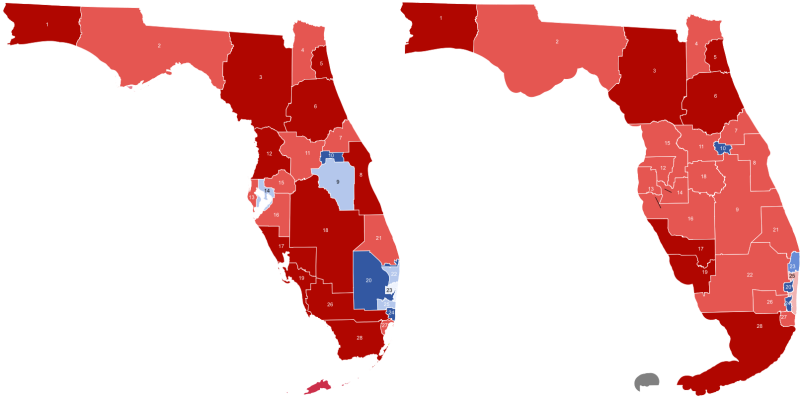 Side-by-side maps of Florida congressional districts overlaid on 2024 presidential vote results, comparing the 2022-2026 districts (left) with Governor Ron DeSantis's new mid-decade redraw (right).