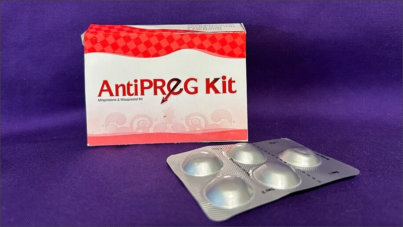 AntiPreg MTP kit box and blister pack containing mifepristone and misoprostol tablets