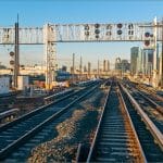 Long Island Rail Road tracks heading toward Manhattan skyline at Harold Interlocking and Sunnyside Yard