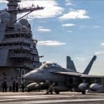 EA-18G Growler launches from USS Gerald R. Ford flight deck during Operation Epic Fury