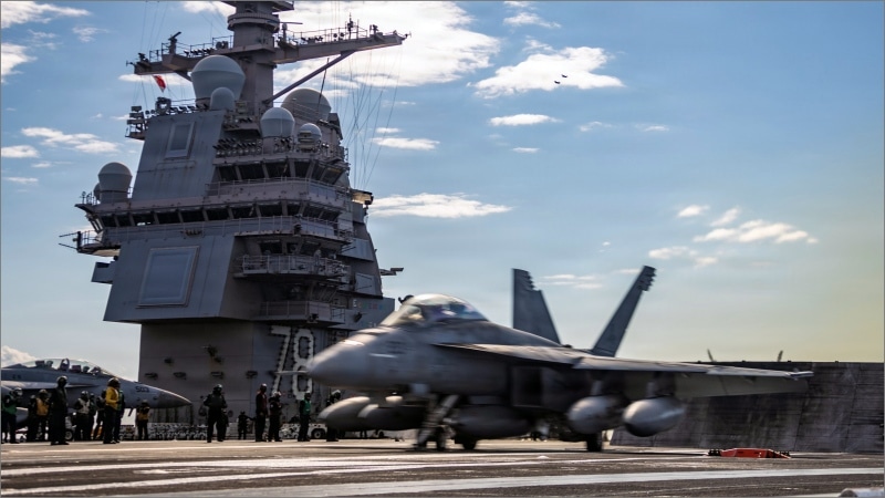 EA-18G Growler launches from USS Gerald R. Ford flight deck during Operation Epic Fury