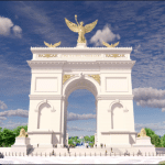 Artist's rendering of Trump's proposed 250-foot triumphal arch inscribed "One Nation Under God" and topped with gilded angels, submitted to the Commission of Fine Arts in April.