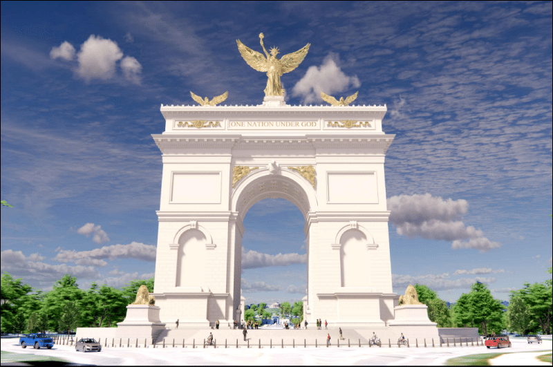 Artist's rendering of Trump's proposed 250-foot triumphal arch inscribed "One Nation Under God" and topped with gilded angels, submitted to the Commission of Fine Arts in April.