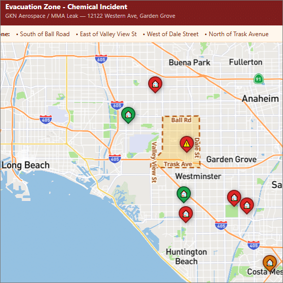 Map of the Garden Grove evacuation zone bounded by Ball Road, Valley View Street, Dale Street, and Trask Avenue, showing the GKN Aerospace facility at the center.