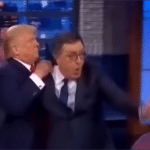 AI hoax video screen capture from the official White House Instagram showing President Donald Trump throwing Stephen Colbert into a dumpster