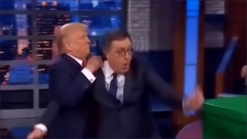AI hoax video screen capture from the official White House Instagram showing President Donald Trump throwing Stephen Colbert into a dumpster