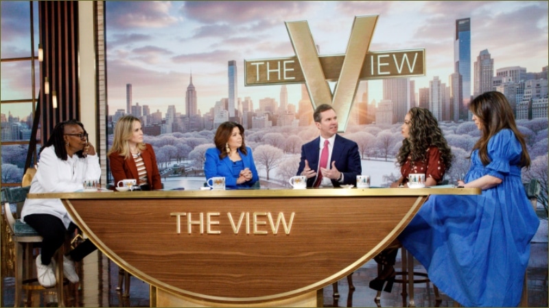 Kentucky Governor Andy Beshear seated with the hosts of ABC's The View at the show's New York studio