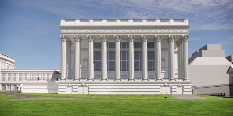 Architectural rendering of President Trump's planned white-columned White House ballroom