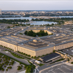 Aerial view of the Pentagon in Arlington, Virginia, headquarters of the U.S. Defense Department, with Washington, D.C., visible across the river.