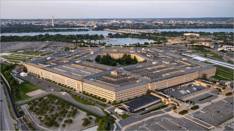 Aerial view of the Pentagon in Arlington, Virginia, headquarters of the U.S. Defense Department, with Washington, D.C., visible across the river.