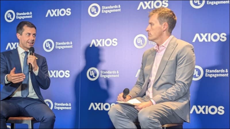 Former Transportation Secretary Pete Buttigieg speaks during an on-stage Axios interview