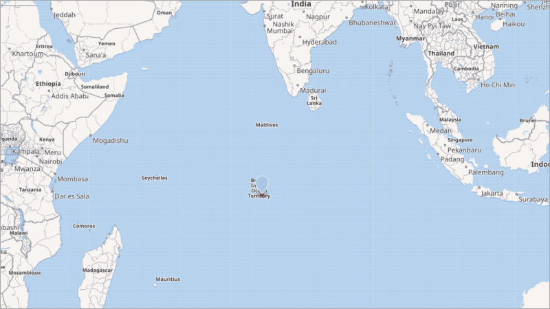 Map of the Indian Ocean showing the remote British Indian Ocean Territory and the Diego Garcia base between Africa and Southeast Asia