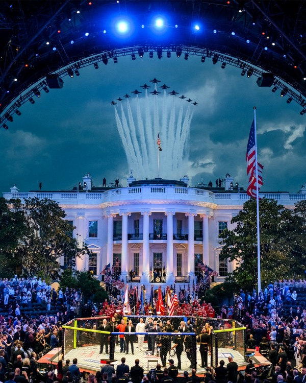 A UFC cage stands on the White House South Lawn under blue lights with a fighter jet flyover during Trump's 80th birthday event