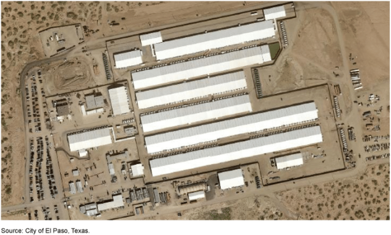 Aerial view of Camp East Montana immigration detention tent facility at Fort Bliss in El Paso, Texas, from GAO report