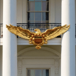 AI-generated image of a golden eagle mounted on the White House balcony