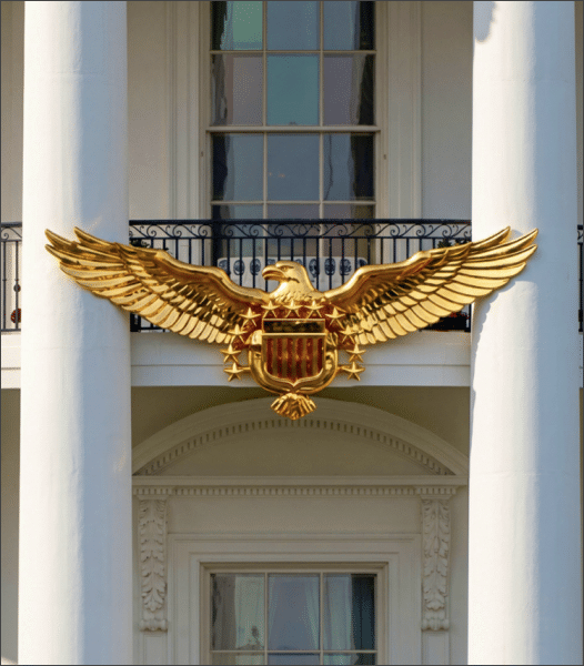 AI-generated image of a golden eagle mounted on the White House balcony