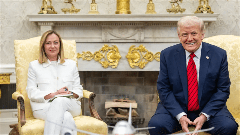 Giorgia Meloni and Donald Trump seated by the Oval Office fireplace during a 2025 White House meeting