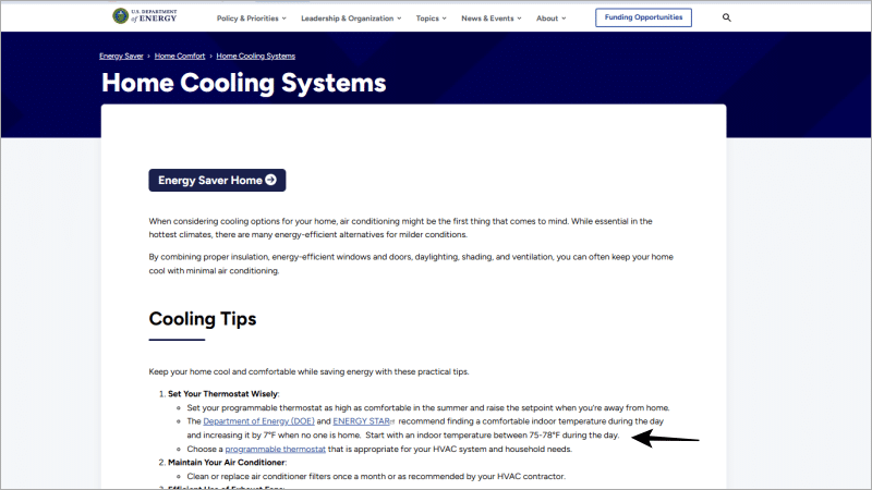 Archived Department of Energy Home Cooling Systems webpage showing the deleted 75 to 78 degree thermostat guidance