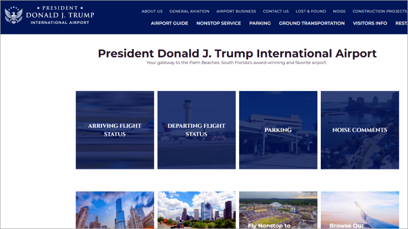 Homepage of the renamed President Donald J. Trump International Airport website, formerly Palm Beach International Airport