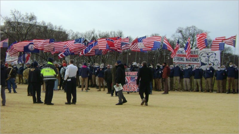 Masked Patriot Front members hold American and Confederate flags on the National Mall at the 2026 March for Life in Washington DC