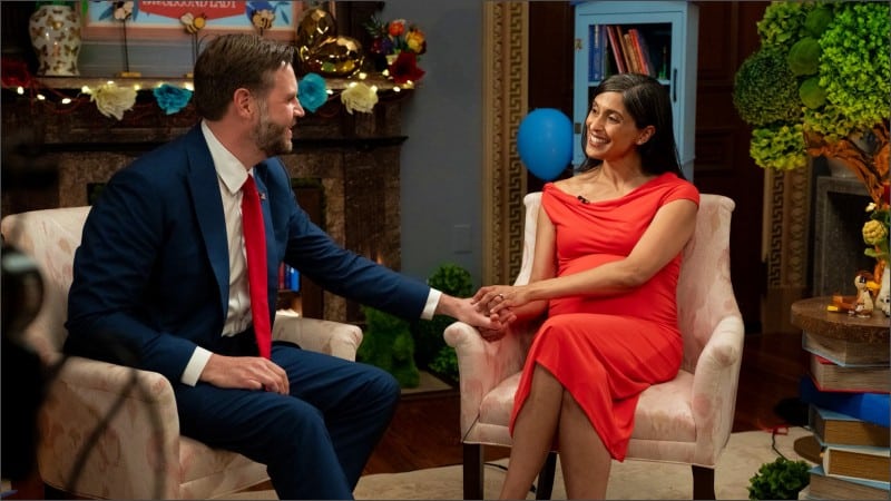 JD Vance and Usha Vance holding hands on the set of Storytime with the Second Lady before the birth of their son Alec Neel