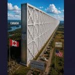 AI-generated image posted by Donald Trump showing a giant air filter wall on the US-Canada border labeled North America Air Filter Barrier