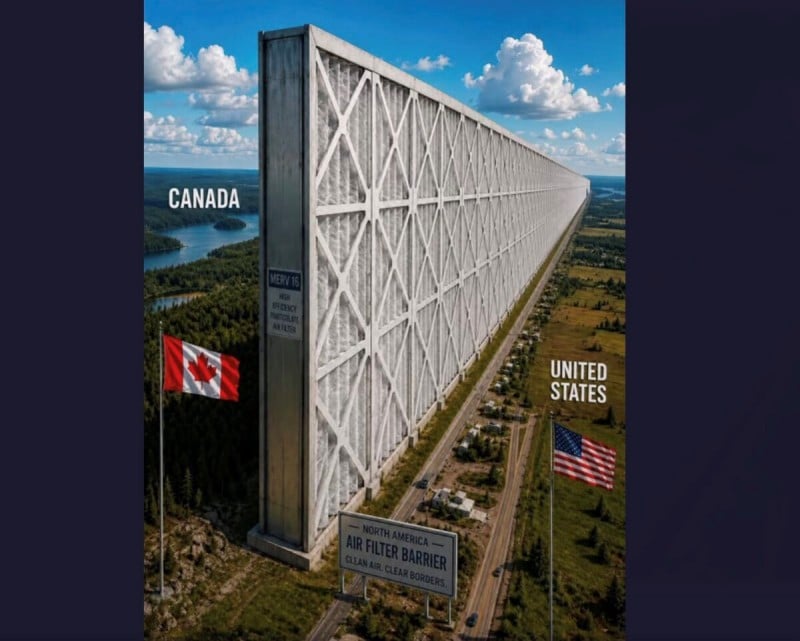 AI-generated image posted by Donald Trump showing a giant air filter wall on the US-Canada border labeled North America Air Filter Barrier