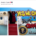 Doctored image posted by Donald Trump showing Barack and Michelle Obama waving from Air Force One covered in fake graffiti including BLM and Arabic writing