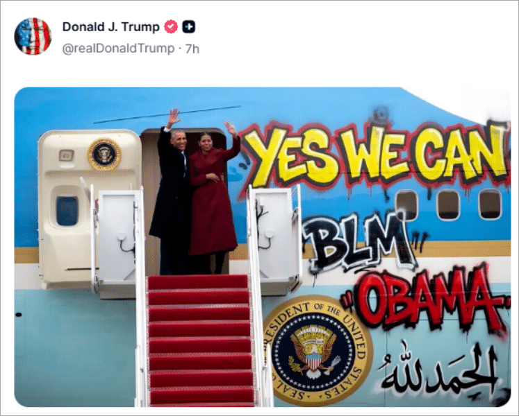 Doctored image posted by Donald Trump showing Barack and Michelle Obama waving from Air Force One covered in fake graffiti including BLM and Arabic writing