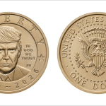 U.S. Mint one dollar coin design showing Donald Trump's face beside Liberty and 1776-2026, with an eagle and 250 on the reverse