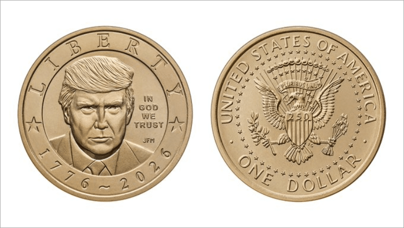 U.S. Mint one dollar coin design showing Donald Trump's face beside Liberty and 1776-2026, with an eagle and 250 on the reverse