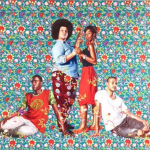 Kehinde Wiley painting Young Artists After Siamesas 1960 showing four young Black subjects posed against a vivid teal and red floral background