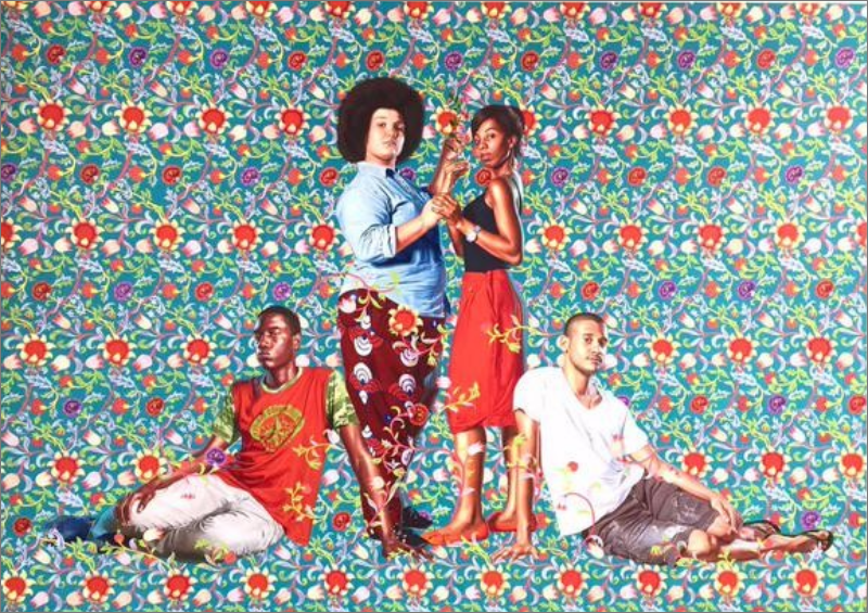 Kehinde Wiley painting Young Artists After Siamesas 1960 showing four young Black subjects posed against a vivid teal and red floral background