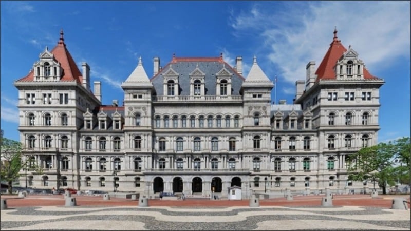 New York State Capitol building in Albany with its front plaza on a clear day