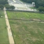 Aerial view of dead grass patches on the National Mall near the World War II Memorial in Washington