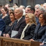 Former President Joe Biden seated with Jill Biden, George W. Bush, Kamala Harris, and Mike Pence at Richard Cheney's funeral at Washington National Cathedral