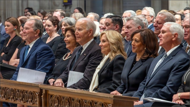 Former President Joe Biden seated with Jill Biden, George W. Bush, Kamala Harris, and Mike Pence at Richard Cheney's funeral at Washington National Cathedral