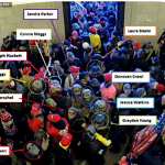Capitol security camera image from January 6, 2021, with labels identifying ten Oath Keepers members and associates in the crowd inside the building