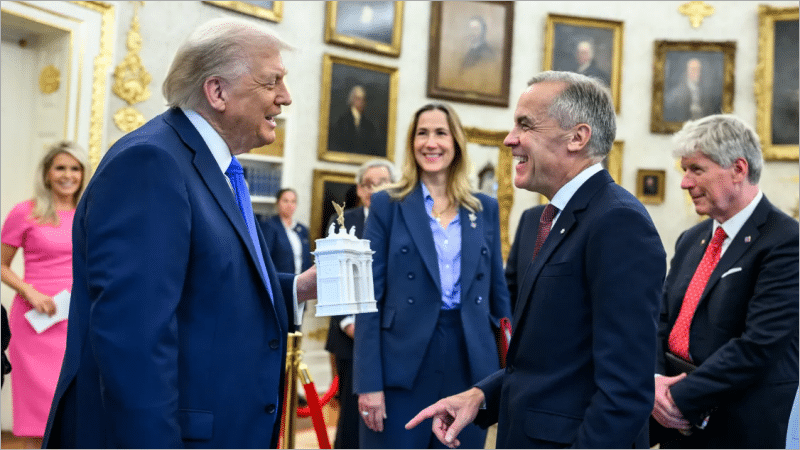 Trump shows Canadian Prime Minister Mark Carney a white model of his planned triumphal arch in the Oval Office