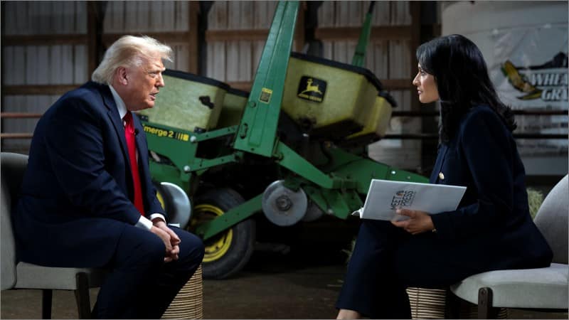 Donald Trump interviewed by NBC's Kristen Welker in a Wisconsin barn with farm equipment behind them
