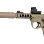 Alt image tag Ruger Mark IV pistol with suppressor and red dot optic on white background