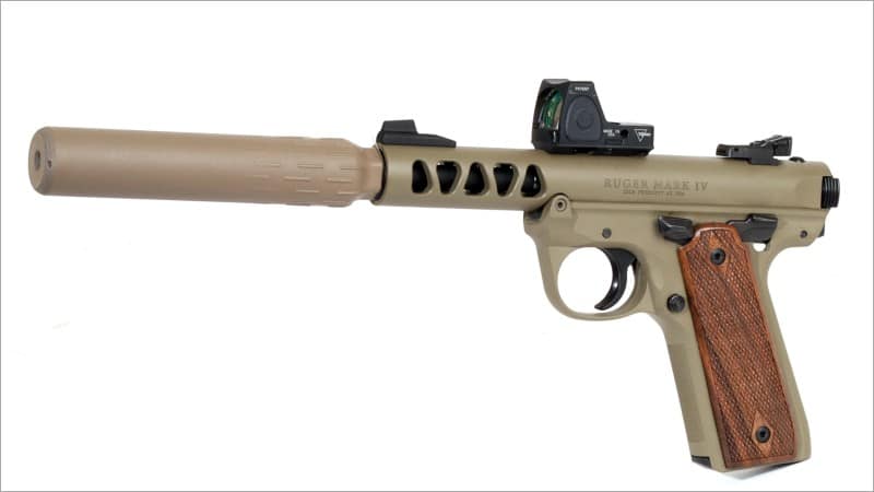 Alt image tag Ruger Mark IV pistol with suppressor and red dot optic on white background
