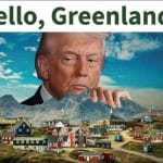 AI-generated image posted by President Trump showing him peering over mountains above a Greenland village with the caption Hello, Greenland