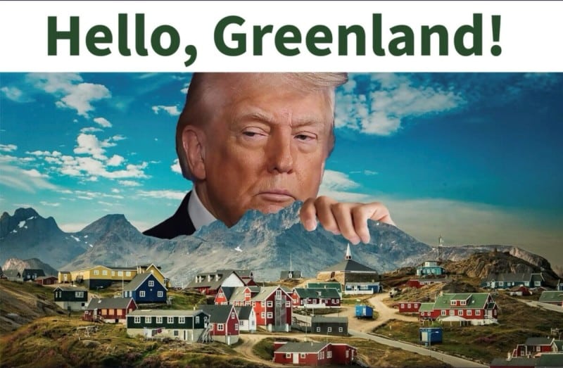 AI-generated image posted by President Trump showing him peering over mountains above a Greenland village with the caption Hello, Greenland