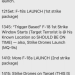 Screenshot of Pete Hegseth's Signal message listing F-18 launch times and strike windows for the 2025 Yemen bombing campaign
