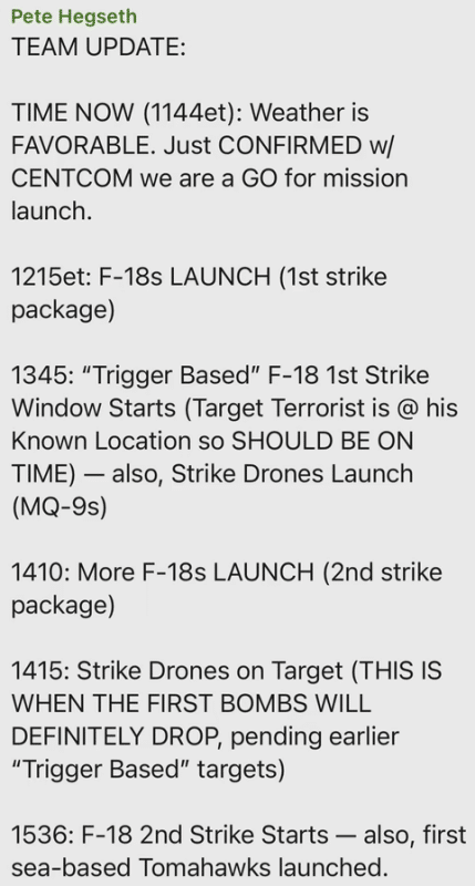 Screenshot of Pete Hegseth's Signal message listing F-18 launch times and strike windows for the 2025 Yemen bombing campaign