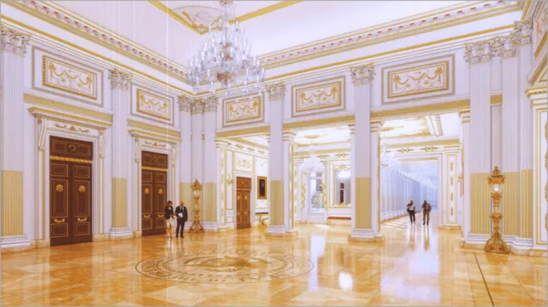 Rendering of the White House ballroom interior with gold trim, marble floors, and a presidential seal, from Trump's Supreme Court filing