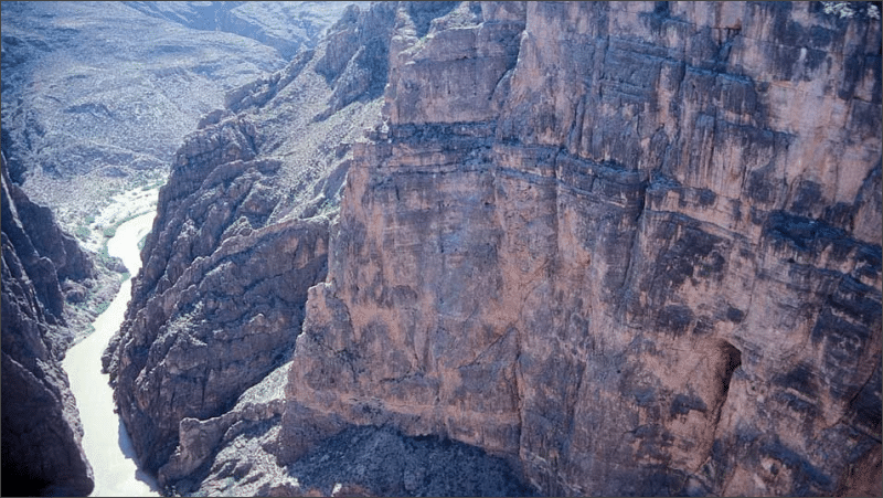 Aerial view of the Rio Grande flowing through the 1,400-foot limestone cliffs of Mariscal Canyon in Big Bend National Park